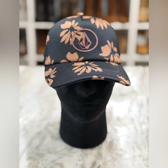 Volcom Black Trucker Hat Bronze Floral – Stone Logo Snapback NWOT - Picture 2 of 7